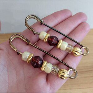 Vintage 60s 70s Set Of Brass Skirt Shawl Kilt Wrap Pins Beaded 3"